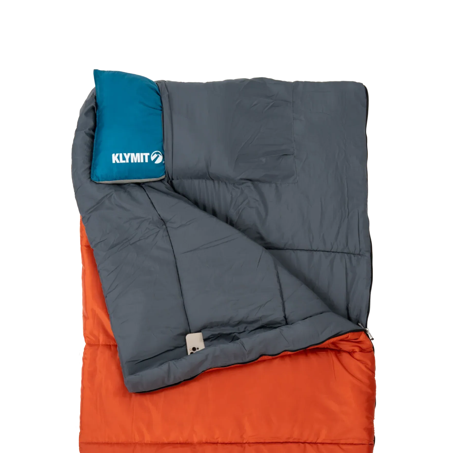 Klymit Bozeman 35 Large sleeping bag with built-in pillow pocket and interior view