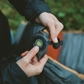 Close-up of valve on Klymit Insulated Klymaloft Peak XL sleeping pad showing easy inflation and deflation system