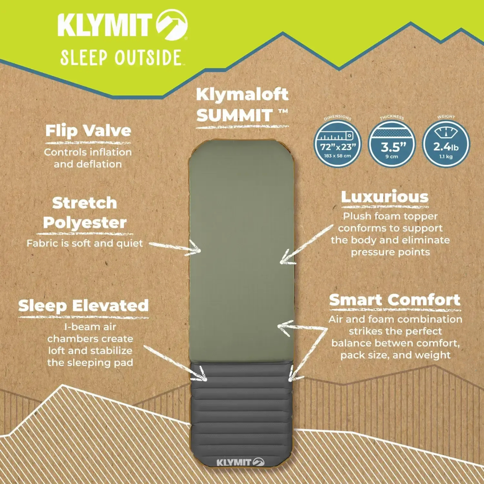 Klymit Klymaloft Summit sleeping pad features including insulation thickness dimensions and comfort design