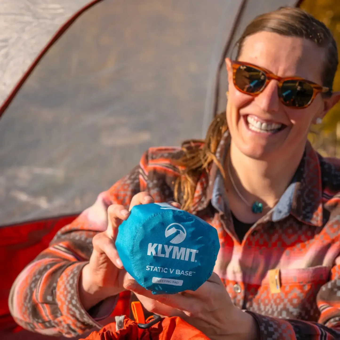 Klymit Static V Base sleeping pad packed into compact stuff sack for easy transport