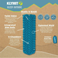 Klymit Static V Base sleeping pad features infographic showing dimensions, weight, and V-chamber design