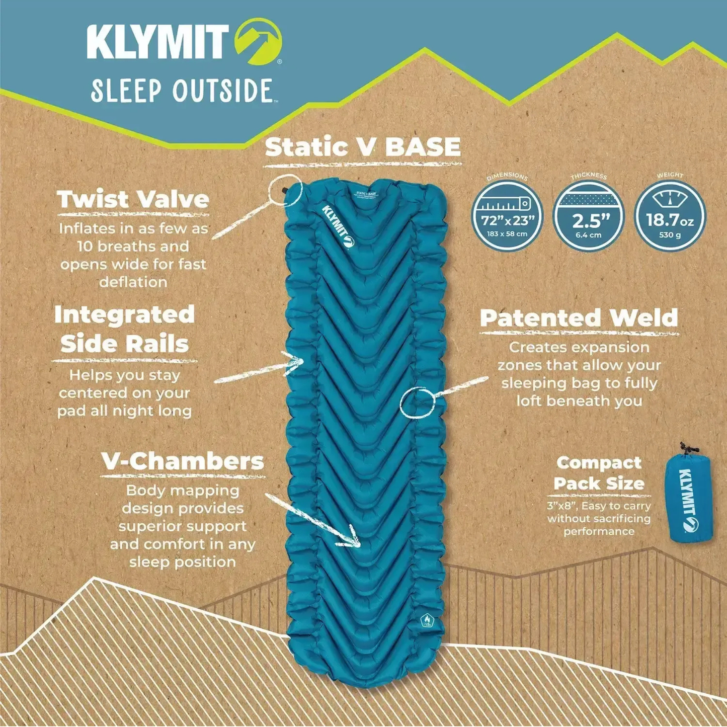 Klymit Static V Base sleeping pad features infographic showing dimensions, weight, and V-chamber design
