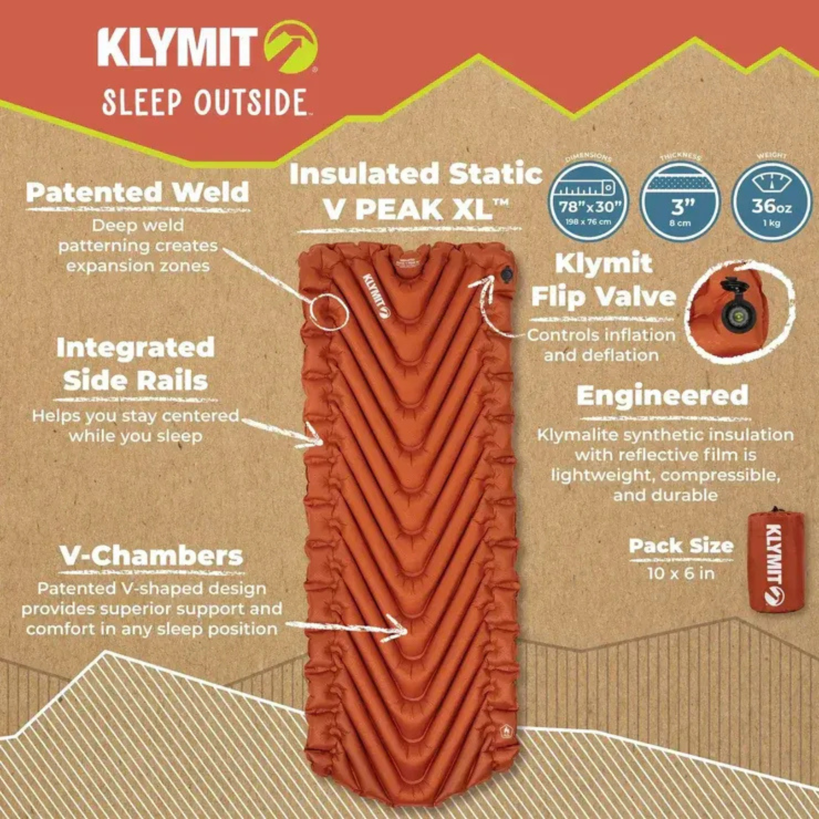Klymit Static V Peak XL insulated sleeping pad features including V chambers side rails and insulation