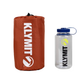 Klymit sleeping pad packed size comparison next to water bottle showing compact backpacking gear