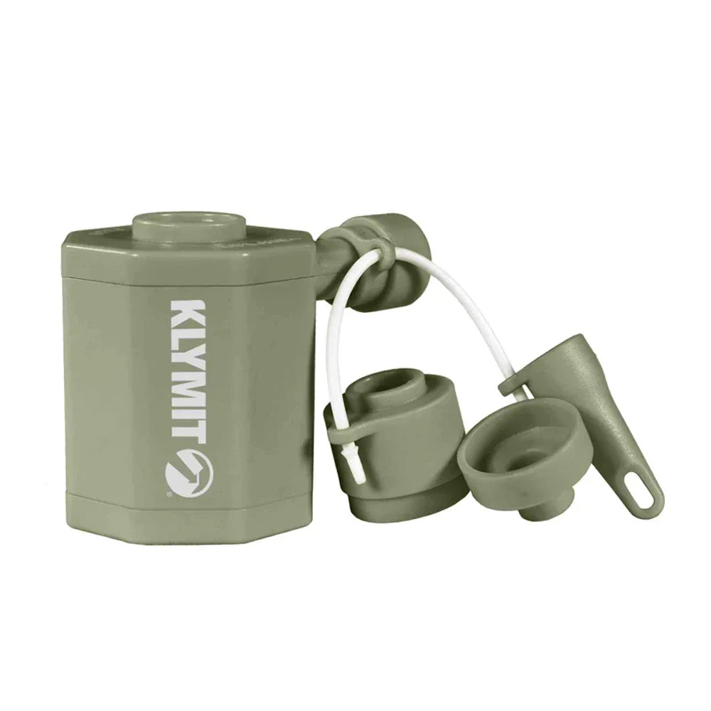 Klymit Tempest USB Pump portable rechargeable air pump with included nozzles for fast camping pad inflation.