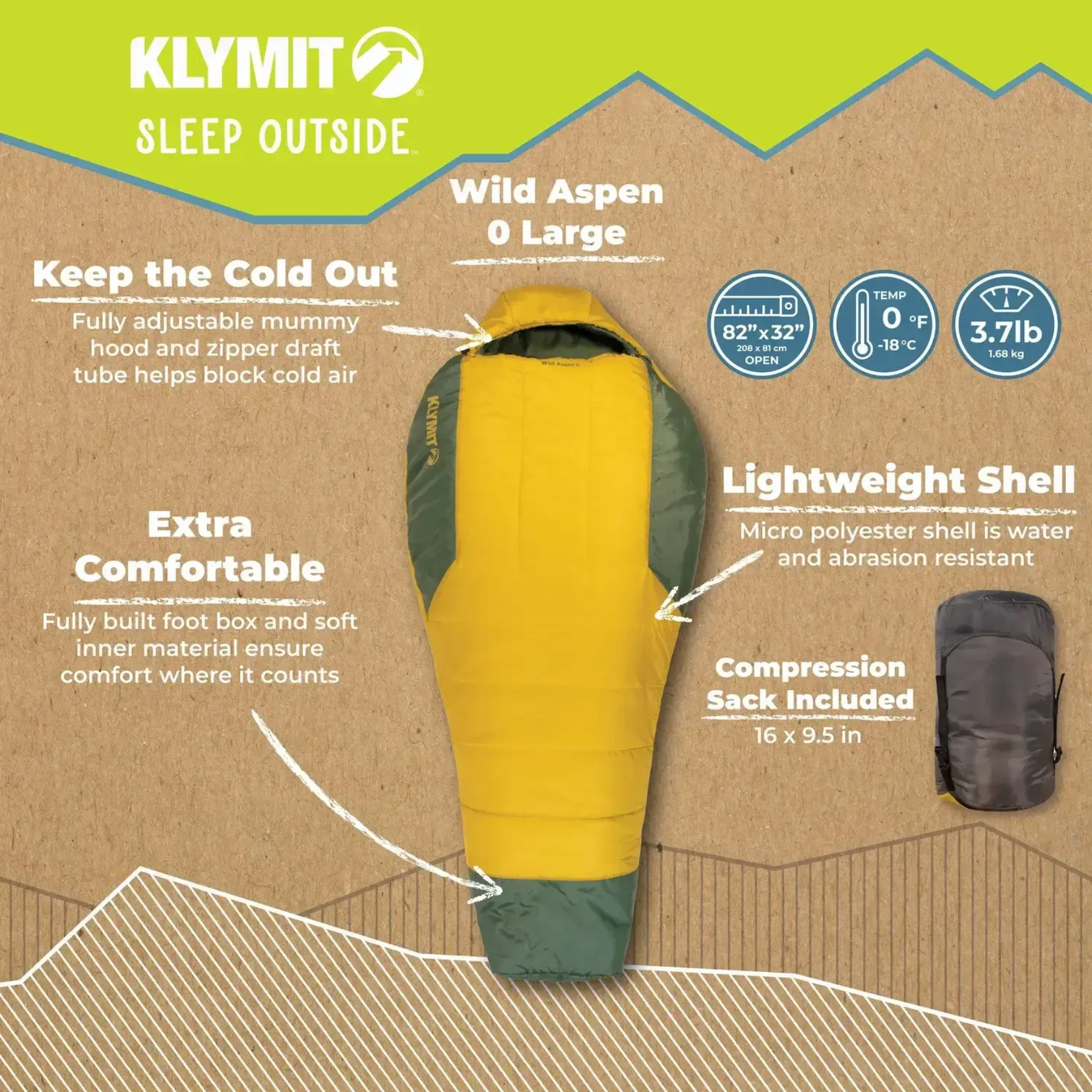 Klymit Wild Aspen 0 large sleeping bag features infographic showing 0 degree rating and specifications