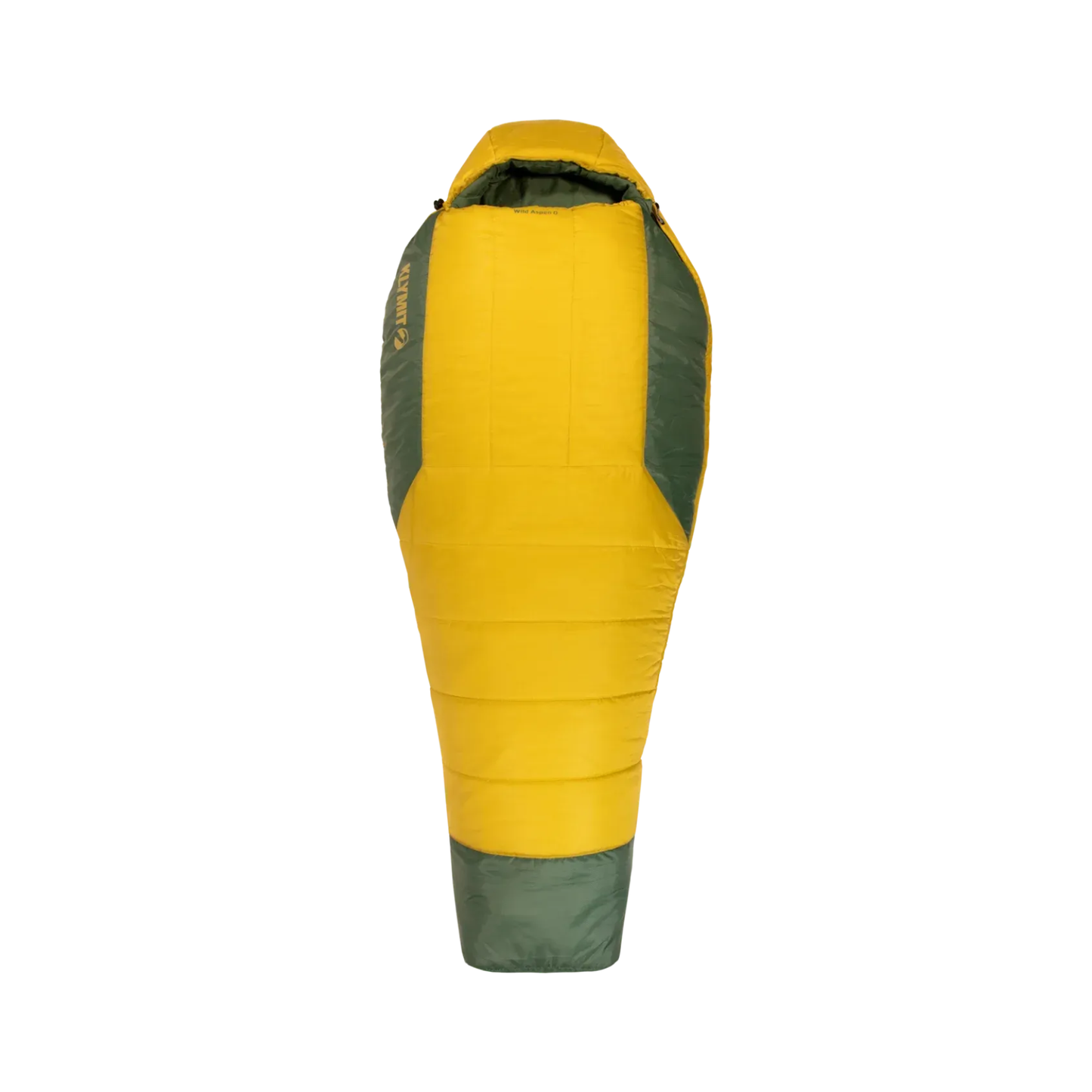 Klymit Wild Aspen 0 sleeping bag front view yellow and green mummy bag for cold weather camping