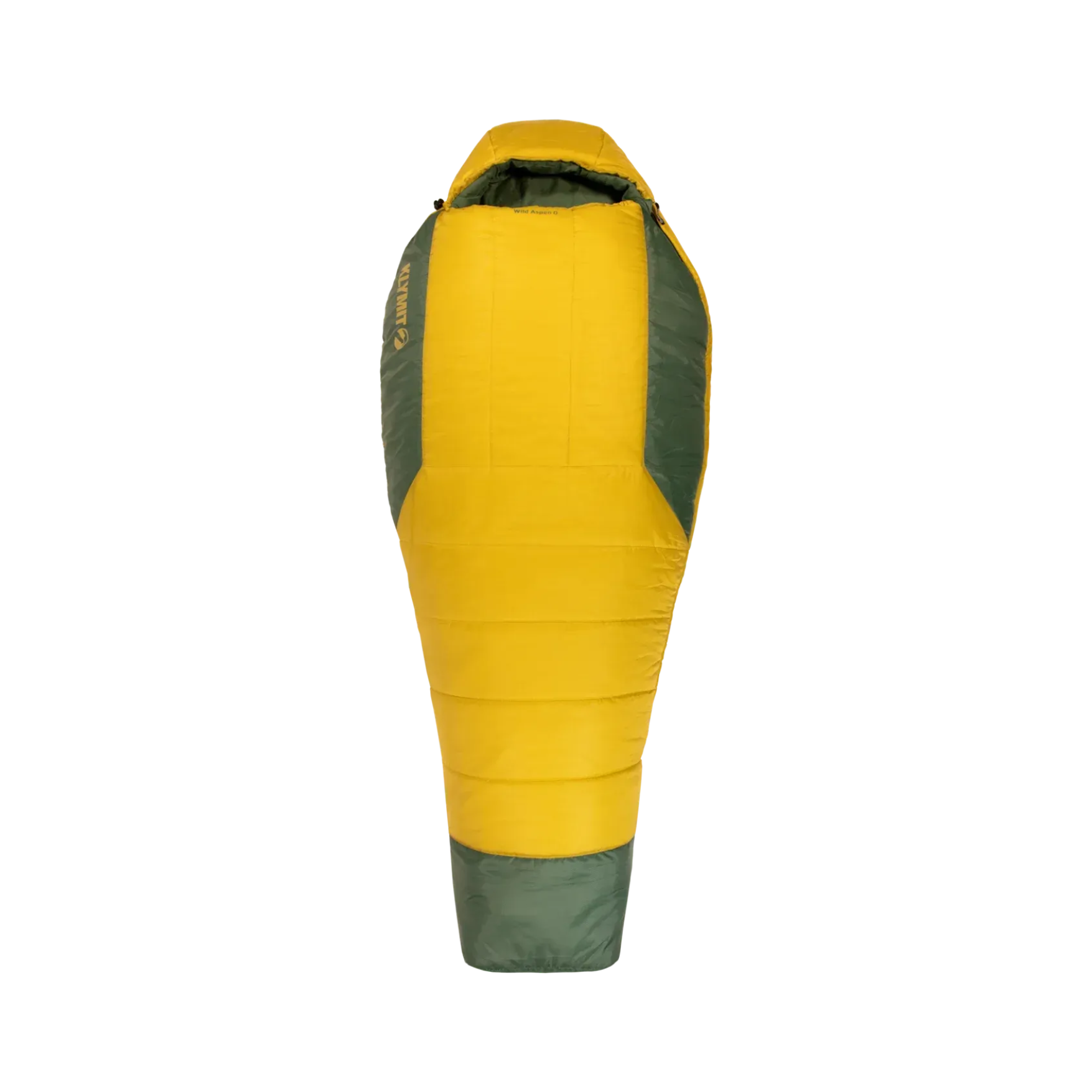 Klymit Wild Aspen 0 sleeping bag front view yellow and green mummy bag for cold weather camping