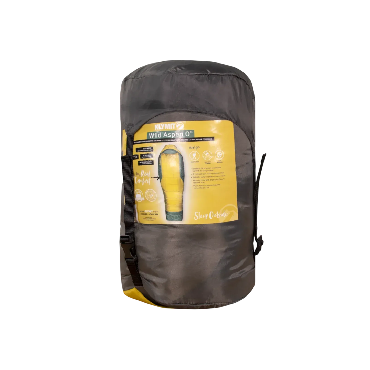 Klymit Wild Aspen 0 sleeping bag packed in compression sack compact camping gear