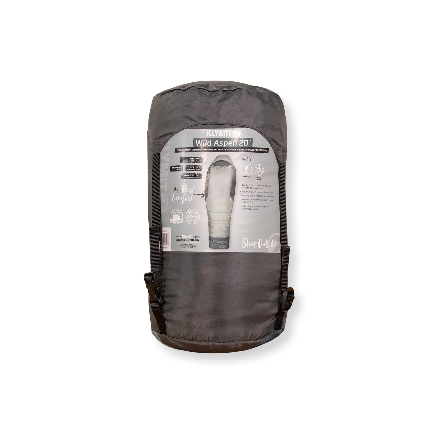 Klymit Wild Aspen 20 sleeping bag packed in compression sack for camping and backpacking