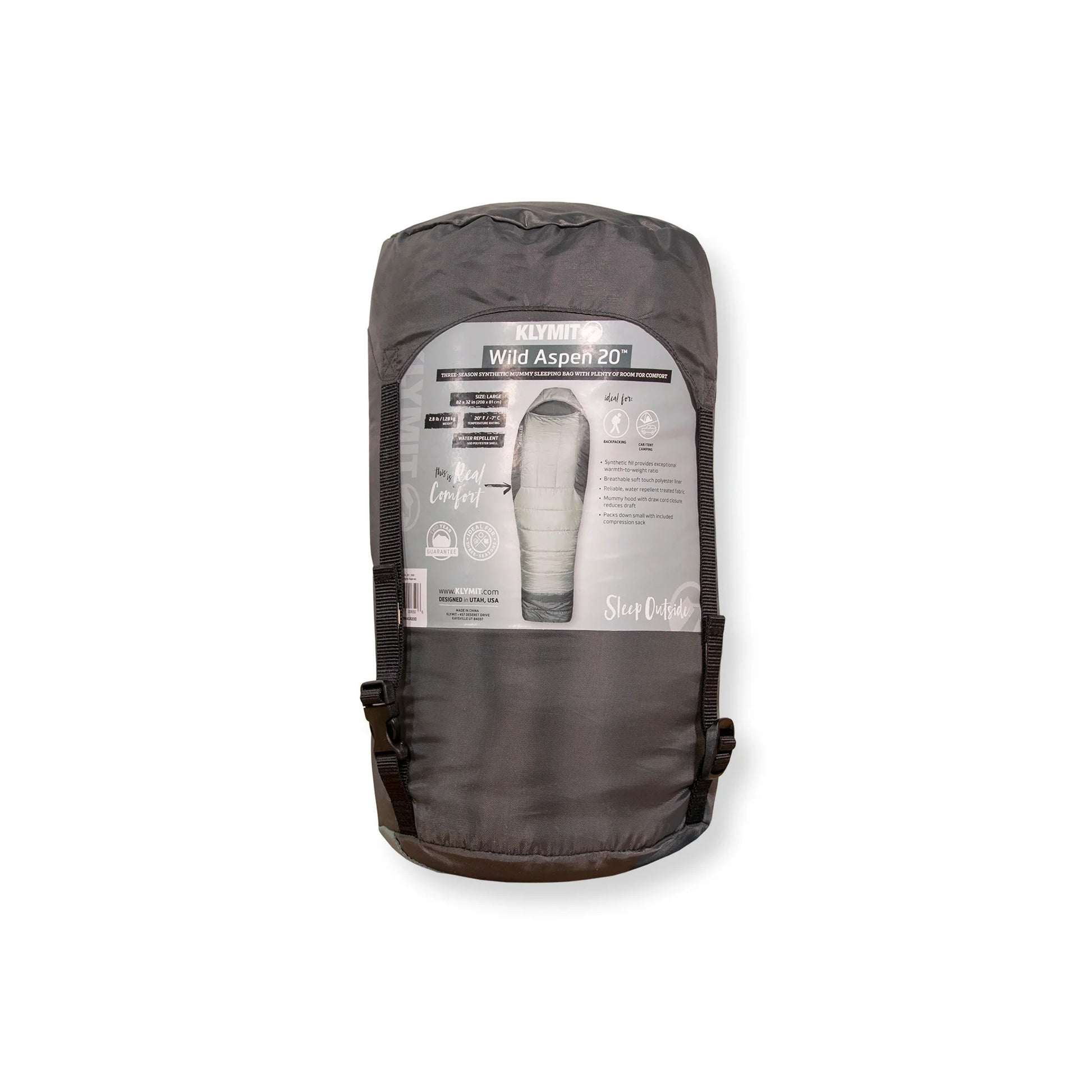 Klymit Wild Aspen 20 sleeping bag packed in compression sack for camping and backpacking
