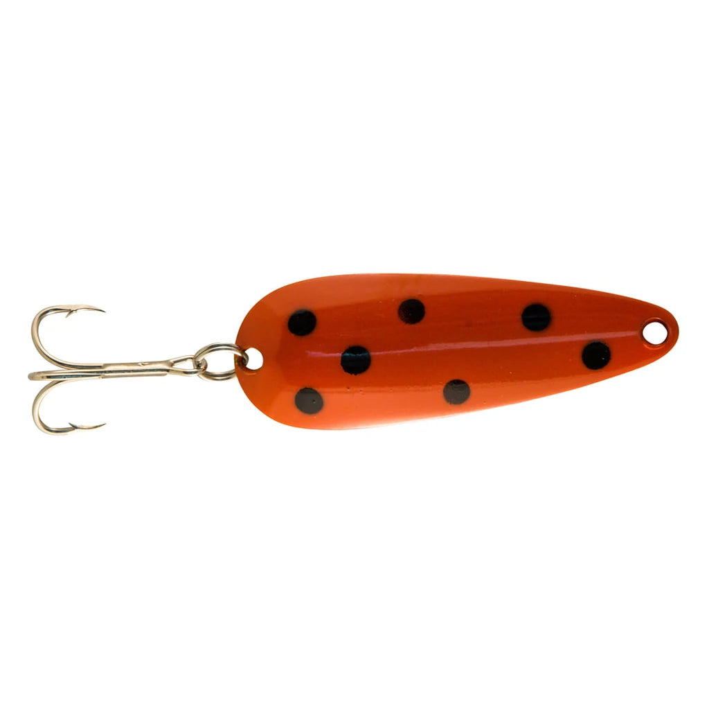 Len Thompson spoon fishing lure in orange with black dots and treble hook