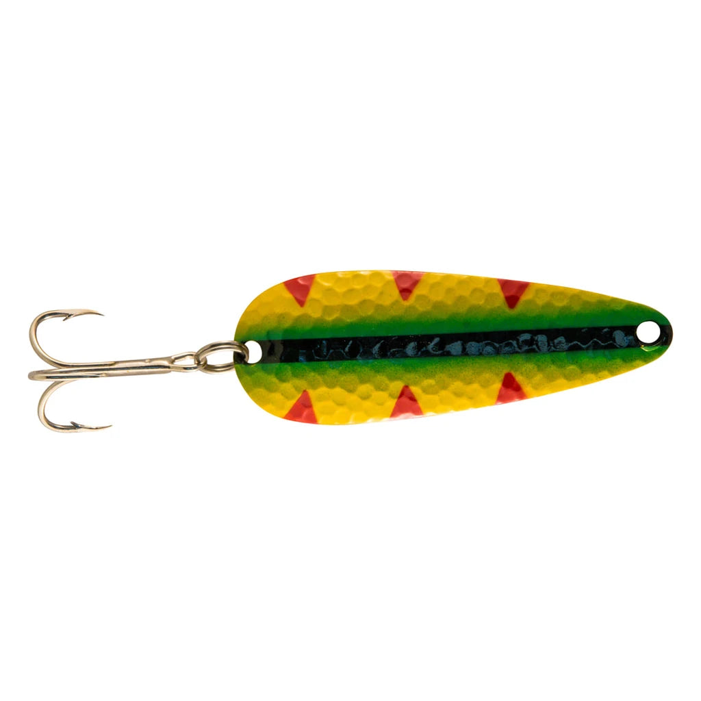 Len Thompson perch pattern hammered spoon lure in green and yellow with red triangles and black stripe