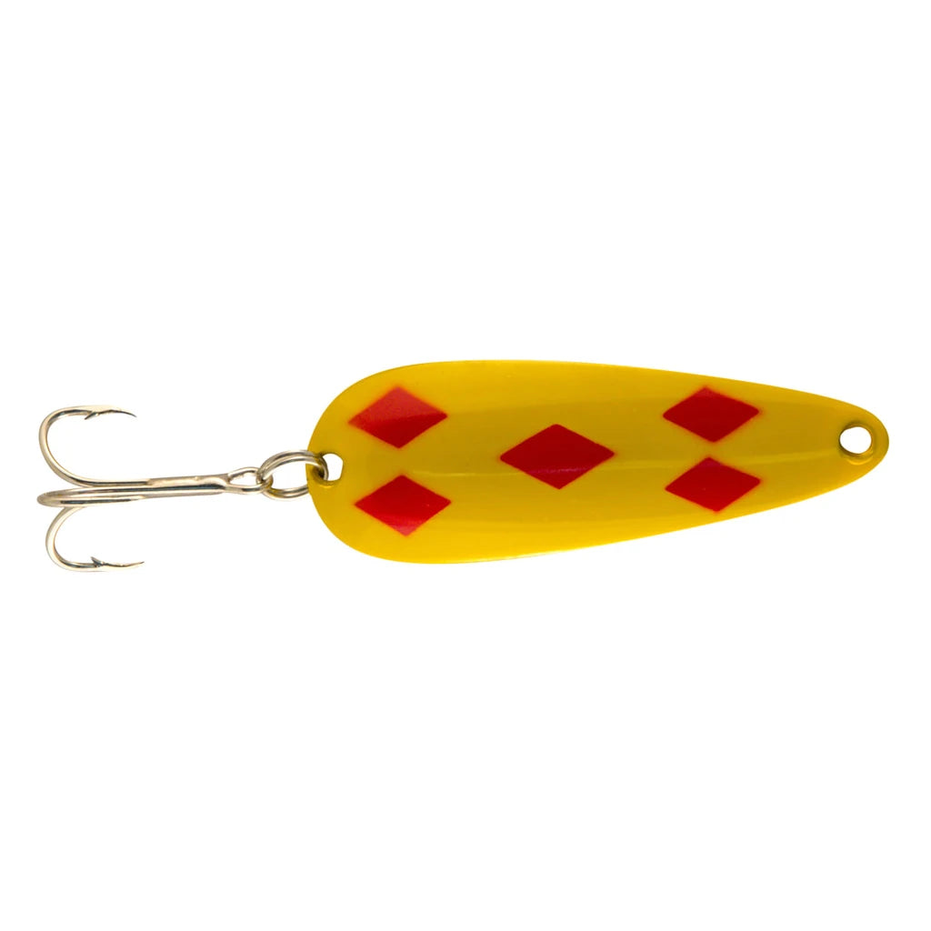 Len Thompson spoon fishing lure in yellow with red five of diamonds pattern and nickel treble hook