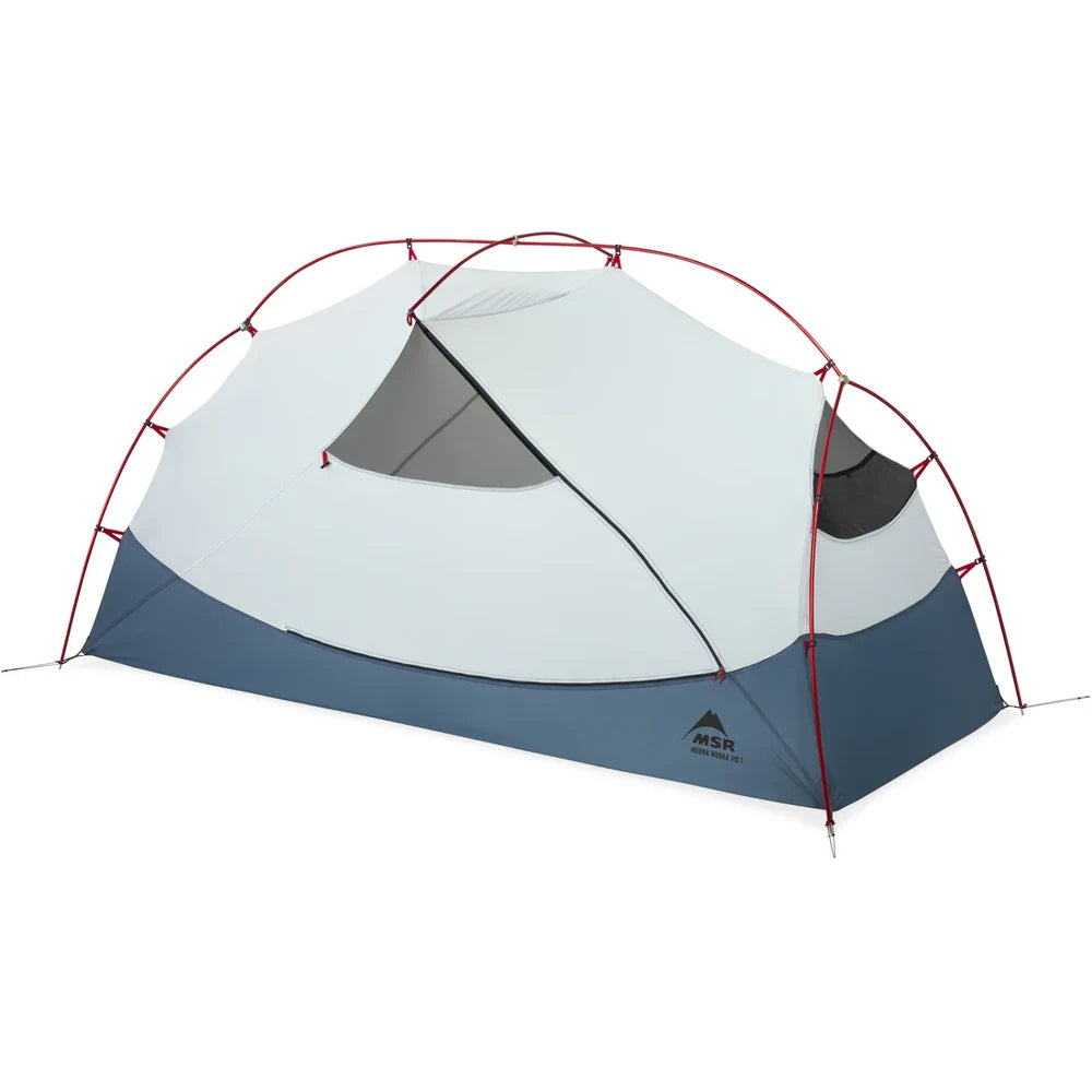 MSR Hubba Hubba HD 1-Person Backpacking Tent pitched at an angle showing full freestanding tent body with red DAC poles and single door entry on white background