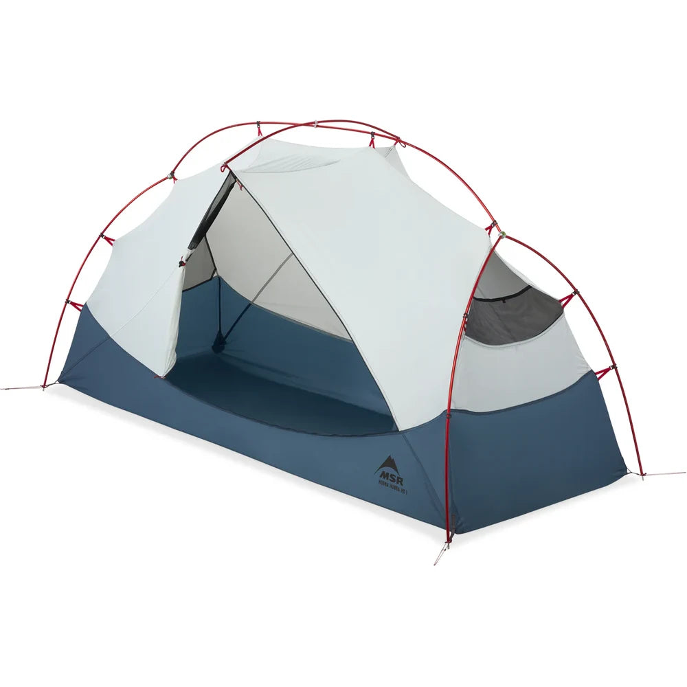 MSR Hubba Hubba HD 1-Person Tent with rainfly vestibule door fully open showing porch area, micromesh tent body panels and blue solution-dyed floor