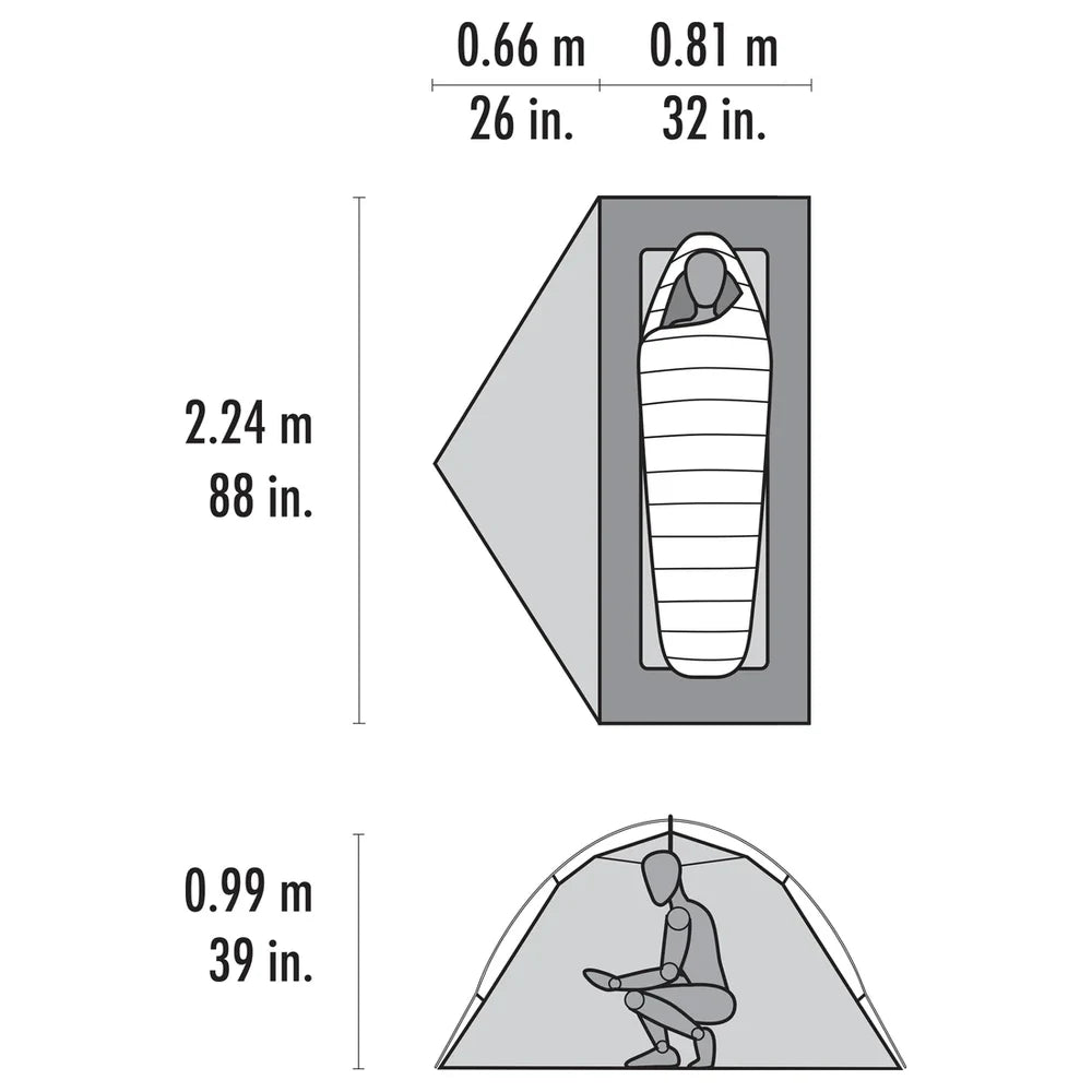 MSR Hubba Hubba HD 1-Person Tent floor plan diagram showing single-person interior dimensions, vestibule layout, peak height and sleeping pad configuration