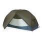 MSR Hubba Hubba HD 1-Person Tent fully pitched with olive green rainfly and front vestibule door open revealing compact interior and blue waterproof floor