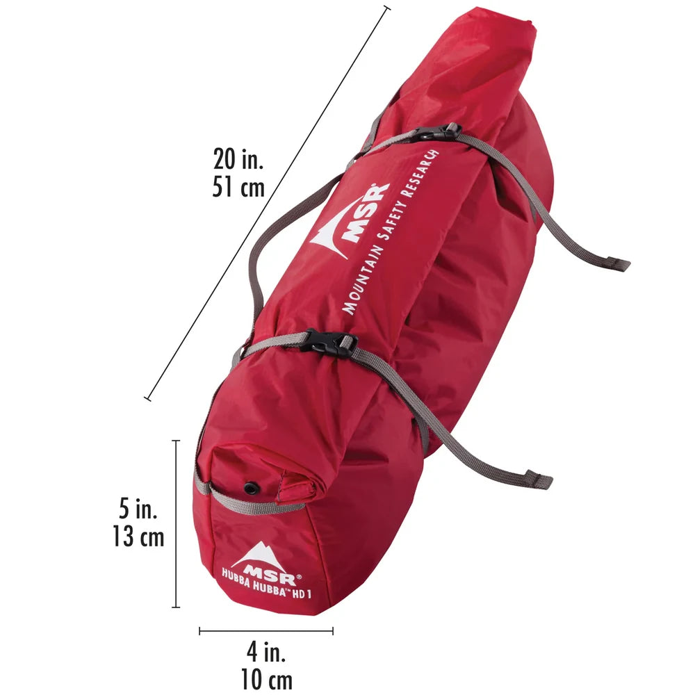 MSR Hubba Hubba HD 1-Person Tent floor plan diagram showing single-person interior dimensions, vestibule layout, peak height and sleeping pad configuration