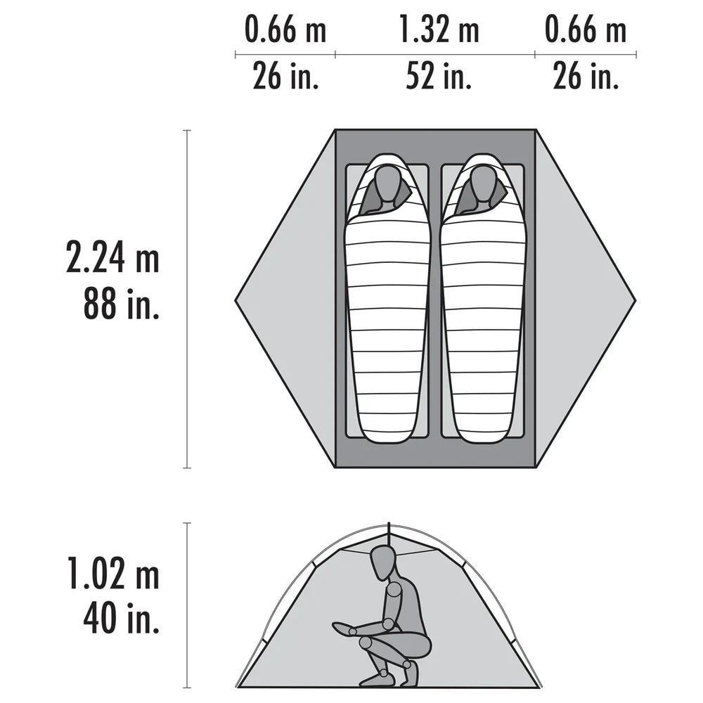 MSR Hubba Hubba HD 2-Person Tent floor plan diagram showing hexagonal 29 sq ft interior with two sleeping bags side by side, vestibule layout, and 40-inch peak height