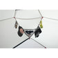 Detail view of MSR Hubba Hubba HD 2 tent overhead gear loft loaded with sunglasses, cap, headlamp, socks, and lantern for convenient interior storage