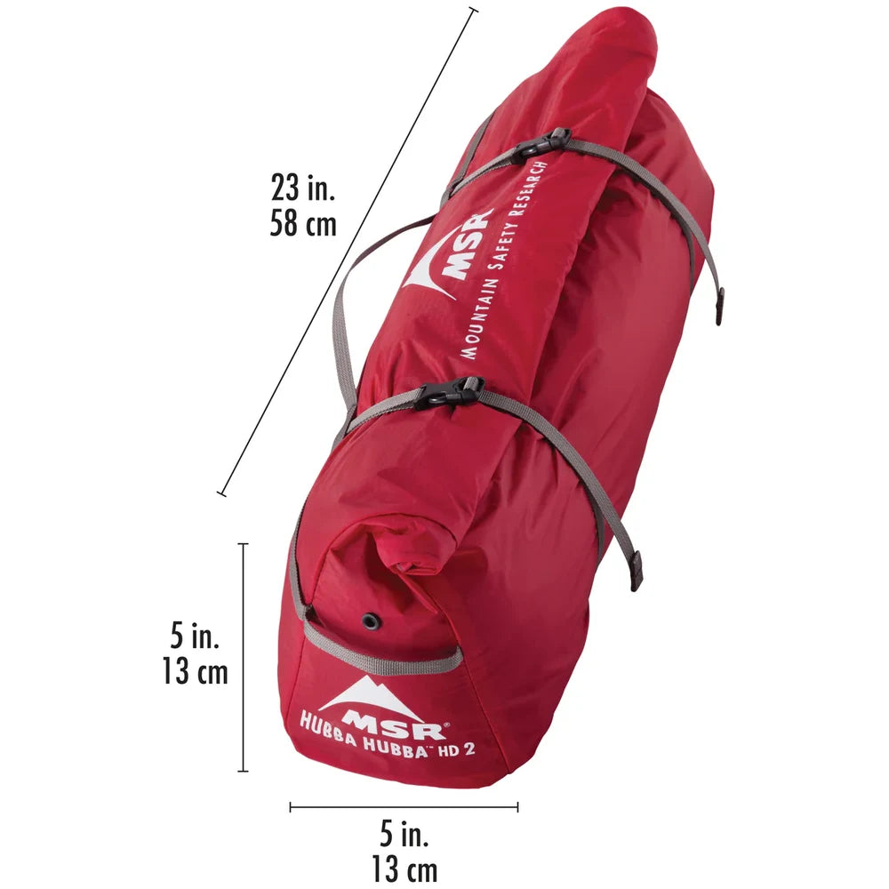 MSR Hubba Hubba HD 2-Person Tent in red roll-top stuff sack showing packed dimensions of 23 x 5 x 5 inches and packaged weight for ultralight backpacking