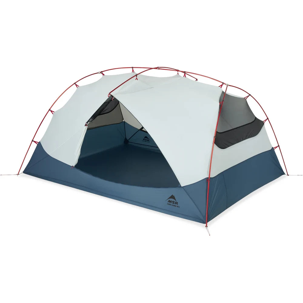 MSR Hubba Hubba HD 3-Person Tent with rainfly and large vestibule door fully open showing spacious porch area and micromesh tent body panels