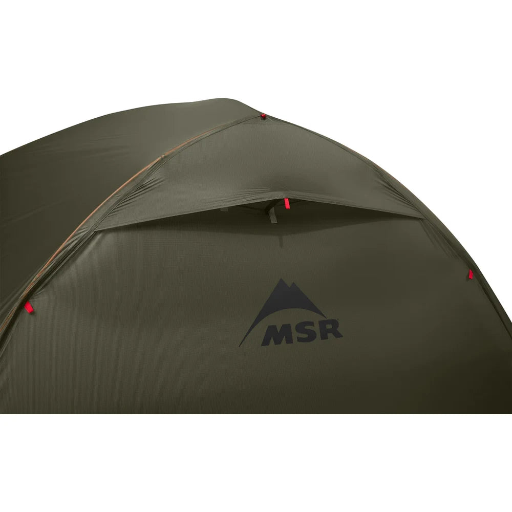 MSR Hubba Hubba HD 3-Person Backpacking Tent with olive green rainfly fully closed showing weatherproof dome design and MSR logo