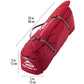 MSR Hubba Hubba HD 3 tent packed in red roll-top stuff sack with dimension callouts showing 23 x 5 inch packed size ideal for backpacking