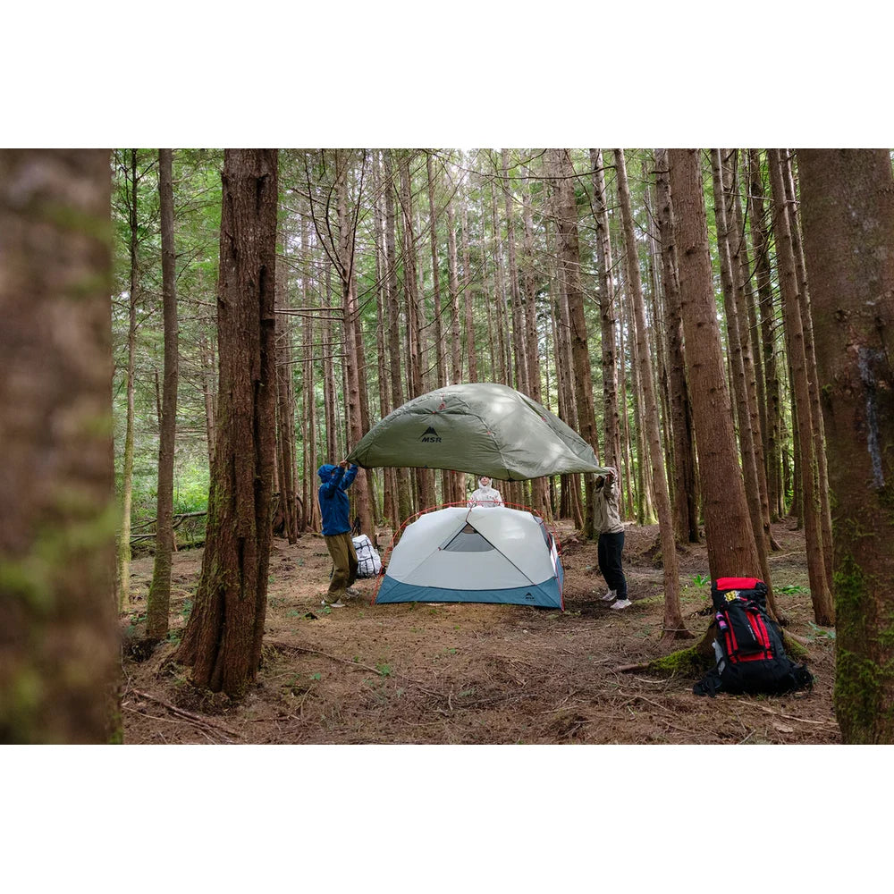 Three backpackers setting up MSR Hubba Hubba HD 3-Person tent in Pacific Northwest old-growth forest during rainy conditions on Vancouver Island backpacking trip