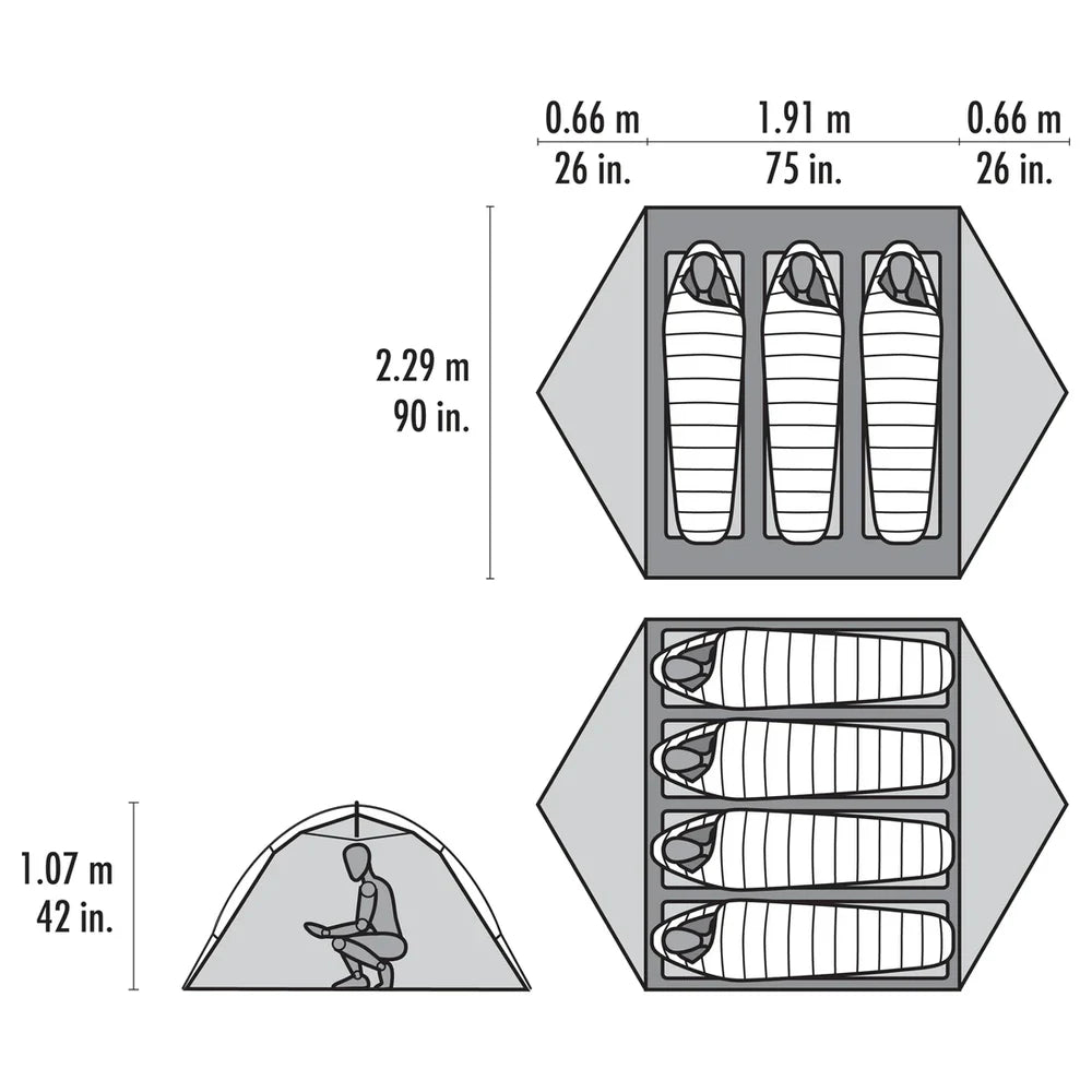 Diagram showing dimensions of the Hubba HD 3 tent and height. 
