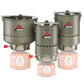 MSR Reactor stove system full lineup showing all three sizes  1L, 1.7L, and 2.5L each paired with MSR IsoPro fuel canister on white background