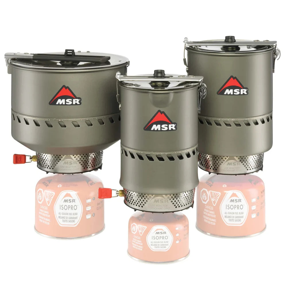 MSR Reactor stove system full lineup showing all three sizes  1L, 1.7L, and 2.5L each paired with MSR IsoPro fuel canister on white background