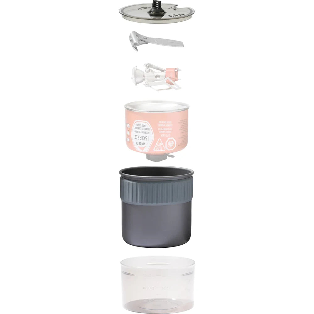 MSR Trail Mini Duo Cook Set exploded view showing all components: strainer lid, pot lifter, compatible stove, fuel canister, anodized aluminum pot, and polycarbonate bowl that all nest together compactly