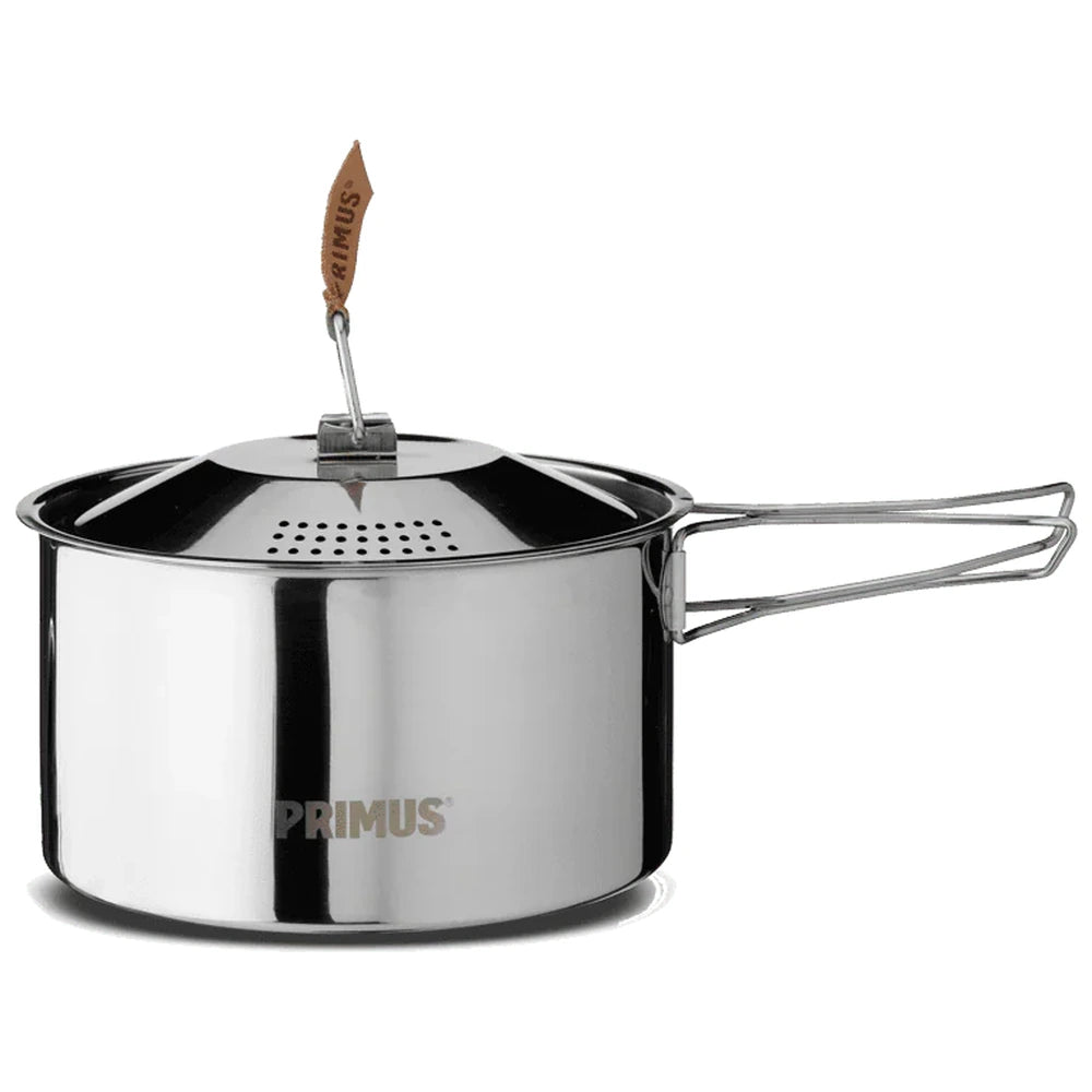 Primus stainless steel camping pot with lid and folding handle on white background