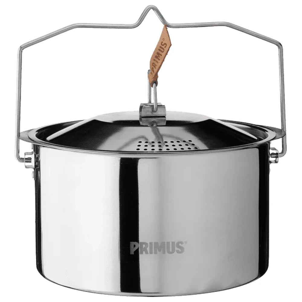Primus stainless steel camping pot with bail handle on white background