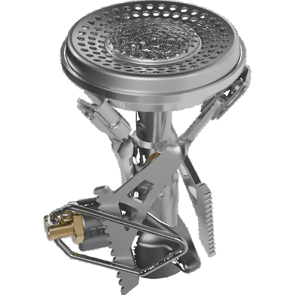 Primus Micron III Piezo Ultralight Backpacking Stove folded compact for transport on white background