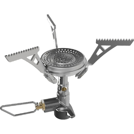Primus Micron III Piezo Ultralight Backpacking Stove with pot supports deployed on white background
