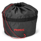 Primus PrimeTech stove system storage bag in black hexagon-pattern ripstop fabric with red drawstring cord and Primus logo, showing included carry bag for stove and cookset storage