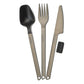 Complete Primus Trek Cutlery Set on white background showing anodized aluminum handled spoon with black nylon head, fork, serrated knife, and Primus knife guard for backpacking and camping
