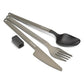 Primus Trek Cutlery Set diagonal overhead spread on white background with handles fanned upper left, showing black nylon spoon bowl, aluminum fork tines, serrated knife blade, and Primus knife guard clip