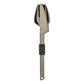 Primus Trek Cutlery Set nested and bundled together vertically on white background with black Primus clip band holding spoon, fork, and knife compactly for backpacking and camp travel