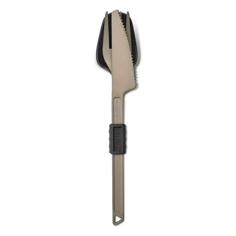 Primus Trek Cutlery Set nested and bundled together vertically on white background with black Primus clip band holding spoon, fork, and knife compactly for backpacking and camp travel