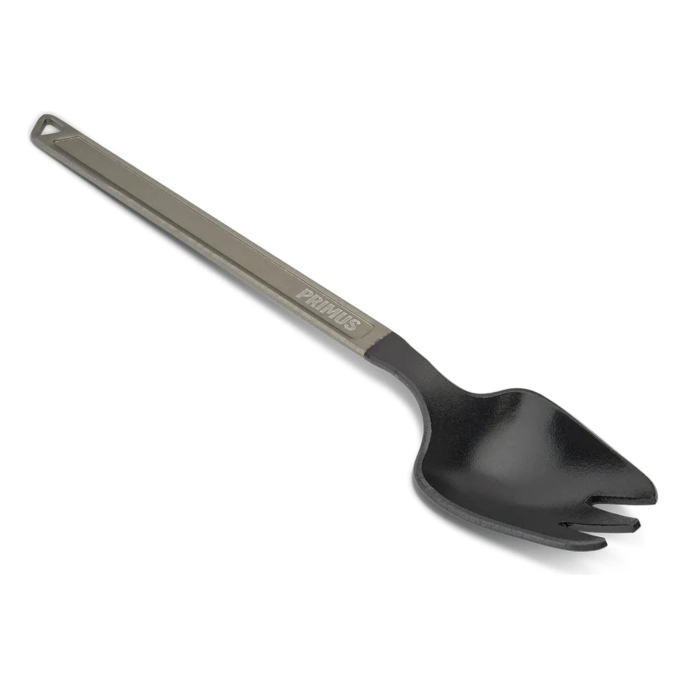 Primus Trekking Spork reverse angle on white background showing black nylon spork bowl and fork tines detail with aluminum handle hang loop at top