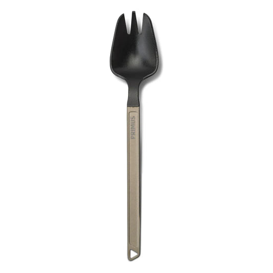 Primus Trekking Spork vertical front view on white background showing full length of anodized aluminum handle with Primus branding and black nylon spork head