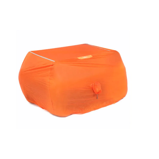 Orange Rab 4 Person Superlite emergency shelter for mountaineering, angled side view