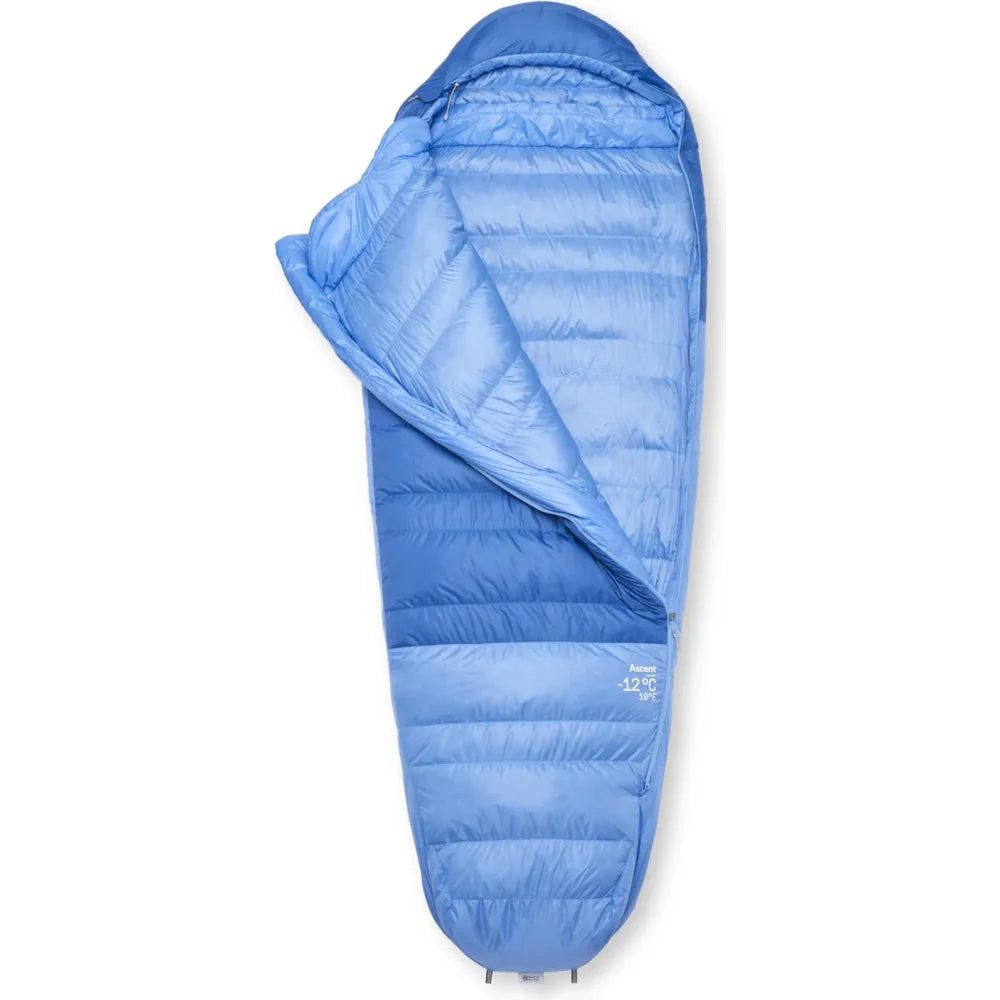 Rab Ascent Womens -12°C sleeping bag open showing inner insulation hood and zip design 