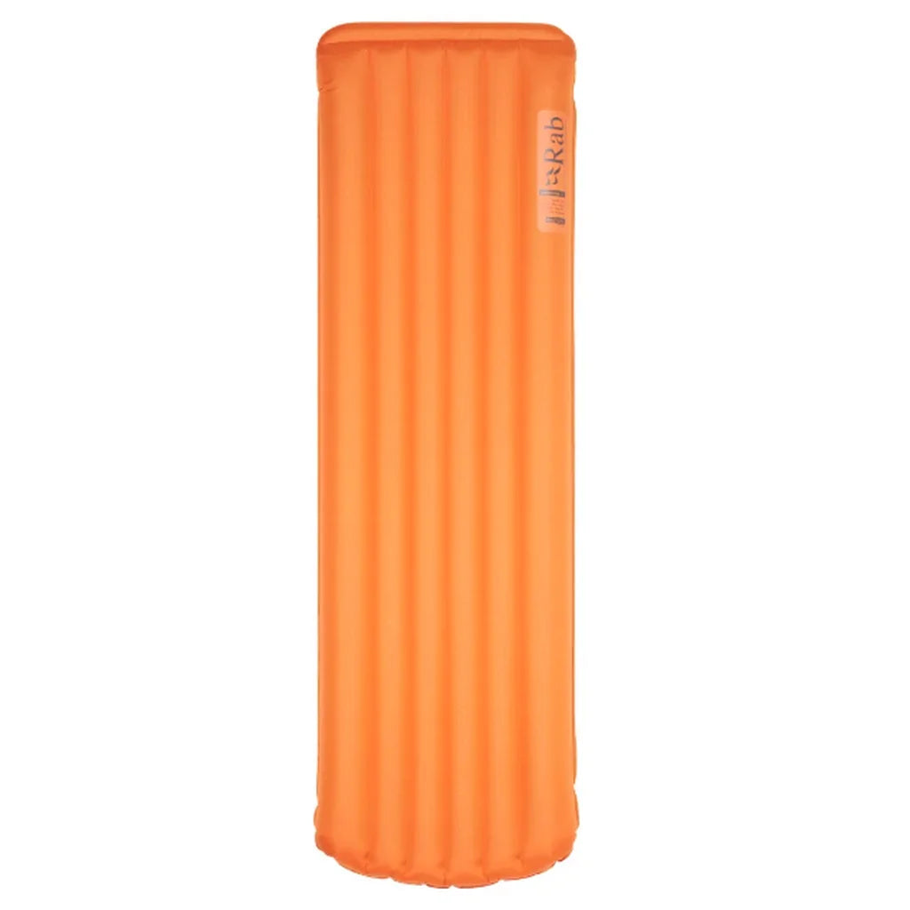 Orange Rab Hypersphere 9.5 down sleep mat laid flat, full-length front view showing vertical baffle construction