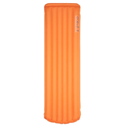 Orange Rab Hypersphere 9.5 down sleep mat laid flat, full-length front view showing vertical baffle construction