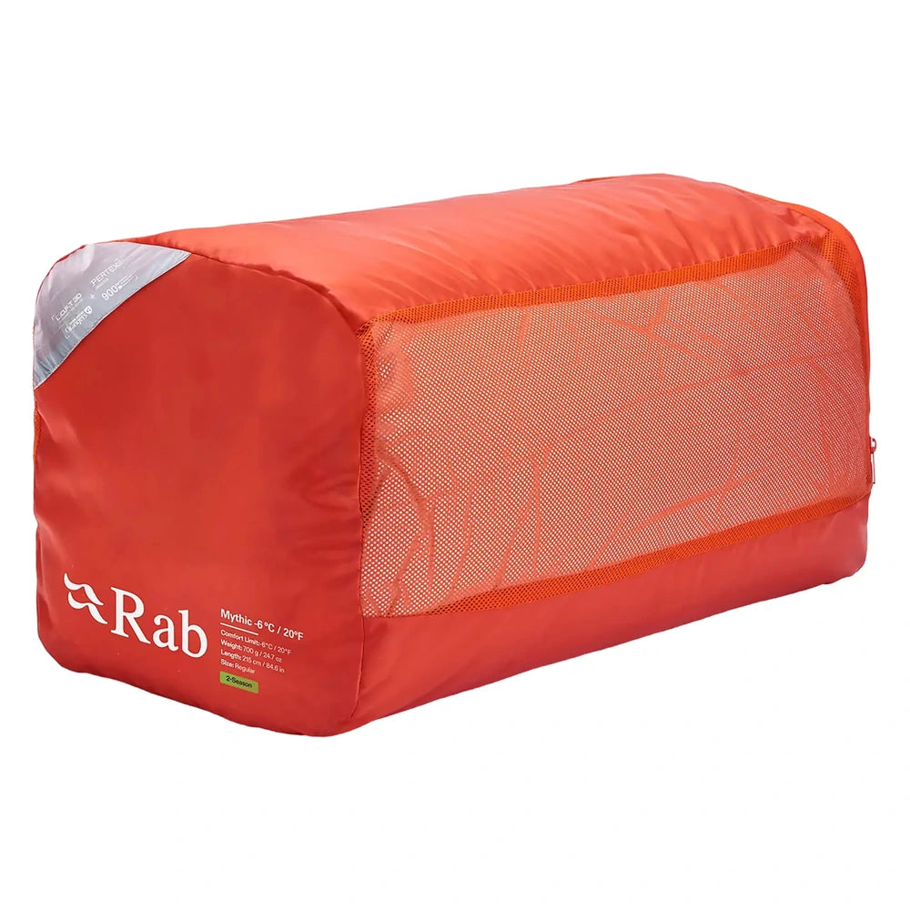 Rab Mythic Down Sleeping Bag -6C packed in storage bag for lightweight backpacking